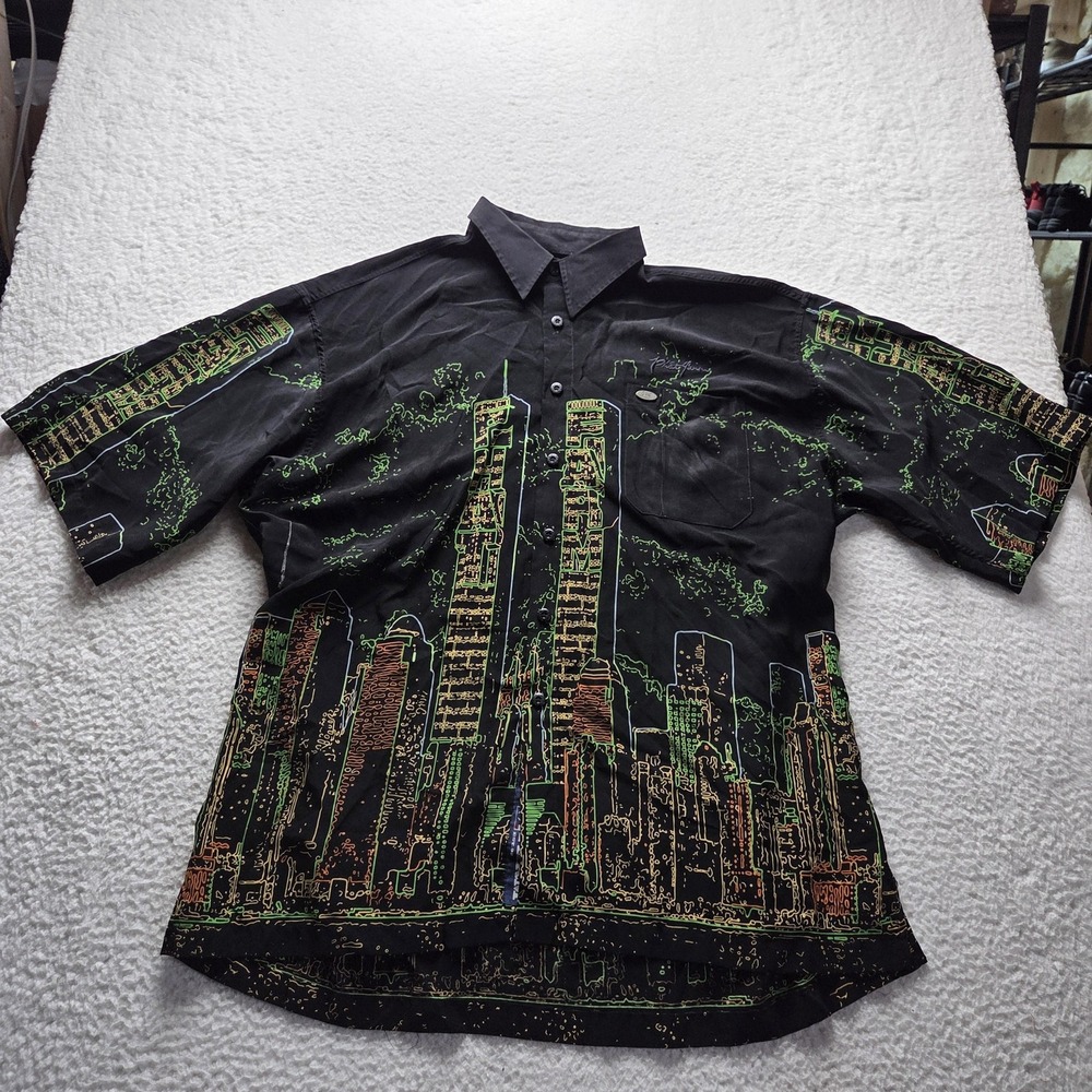 Phat Farm Shirt Mens 3XL Black New York Skyline Graphic Short Sleeve Button-Up